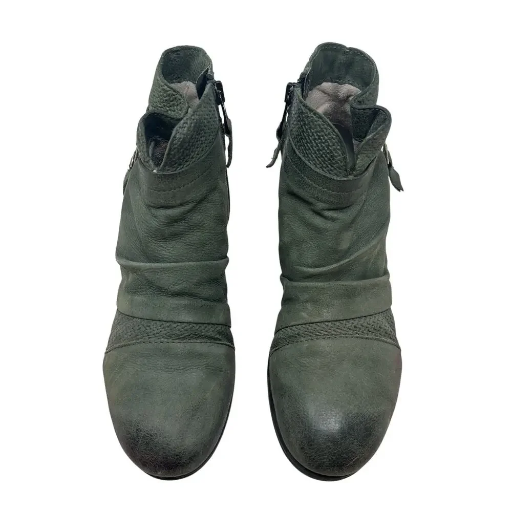 Miz Mooz Sunny Green Leather‎ Ankle Booties Boots Ruched Zip EU 36 US 6 Womens